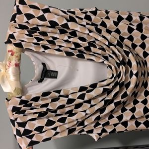 WHBM Creamy white with black and tan geometric pattern cowl neckline dress